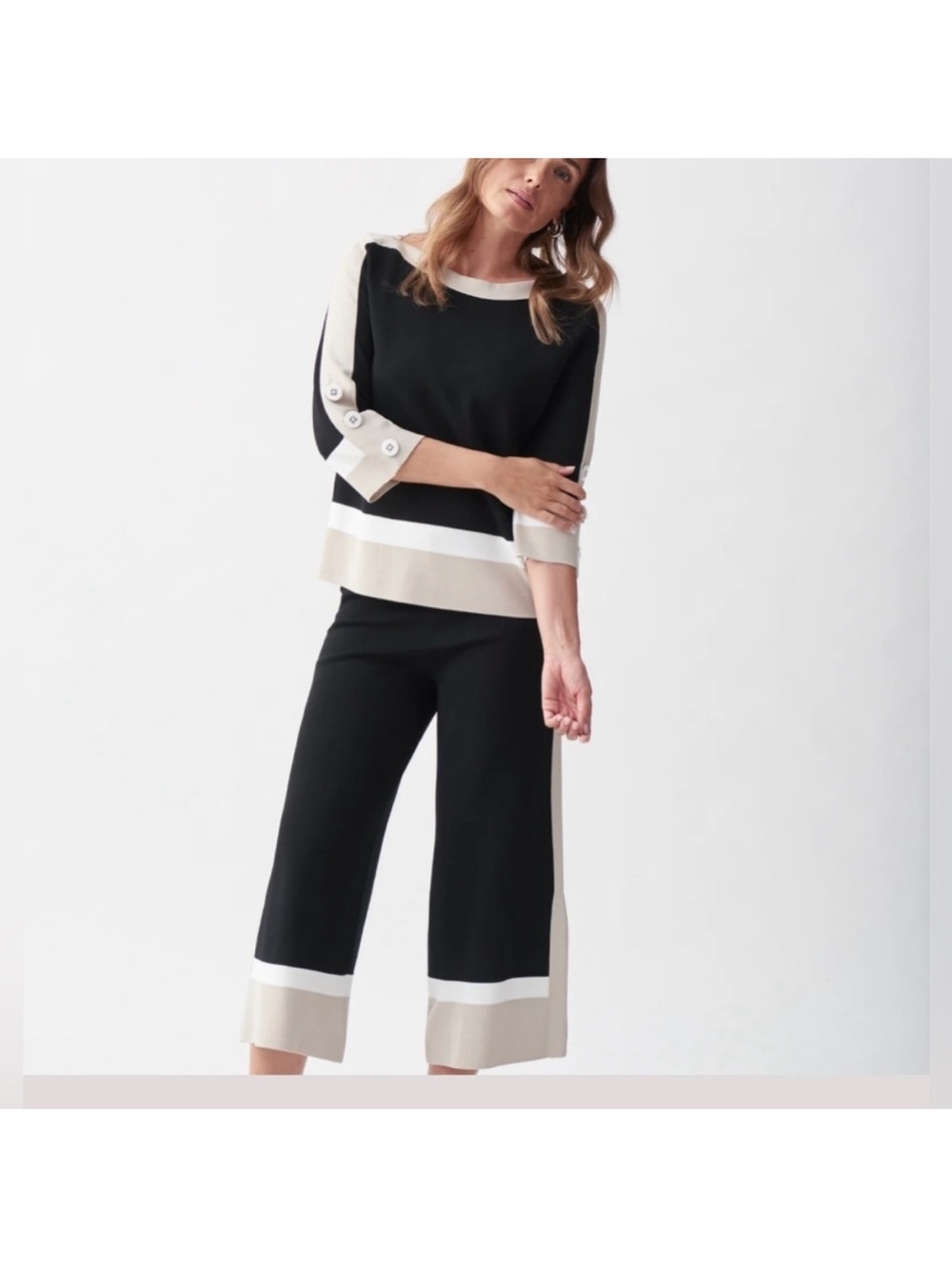Joseph Ribkoff Black Wide-Leg Knit Pants with Beige & White Trim